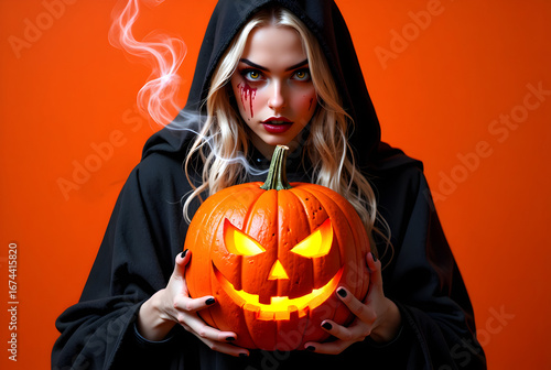 Surprised Woman in Black Hooded Costume Holding Carved Pumpkin Jack-o’-Lantern with Cobwebs, Halloween Portrait on Orange Background.