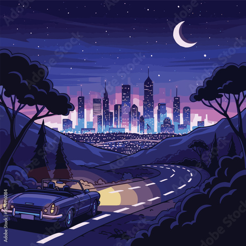  create road trip adventure in night landscape with city view vector illustration