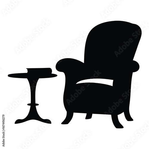 Classic armchair and side table silhouette evokes a cozy, quiet reading nook