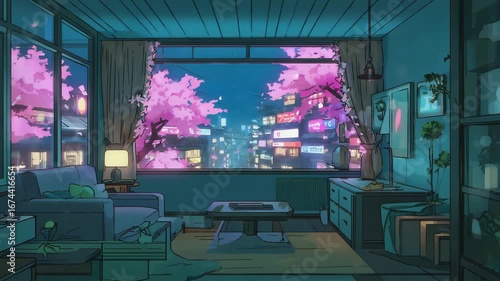 Stream starting soon screen overlay loop animated virtual backgrounds cozy lo fi living room Japanese town view vtuber asset twitch zoom OBS anime chill hip hop Cyan purple colours manga style
