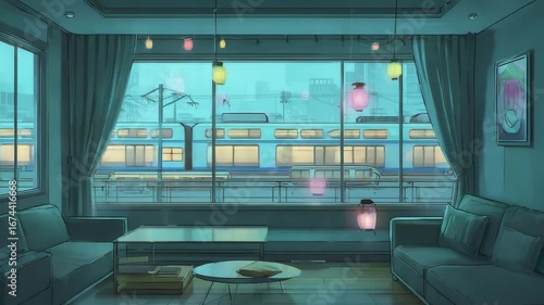 Stream starting soon screen overlay loop animated virtual backgrounds cozy lo fi living room Japanese town view vtuber asset twitch zoom OBS anime chill hip hop Cyan purple colours manga style
