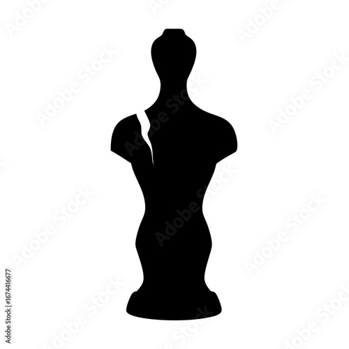 Abstract black sculpture of torso with crack, evocative of ancient ruins