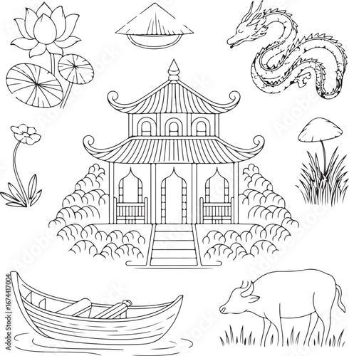Vietnam Traditional Icons and Cultural Symbol Collection Heritage Landmarks and Decorative Outline Illustrations