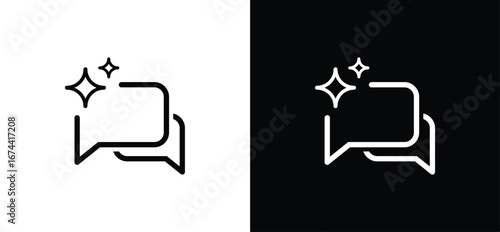 Set of AI chat icons in minimalist line vector style, speech bubbles with sparkle stars, symbols for chatbot, assistant and messaging for app and web UI. Vector illustration.