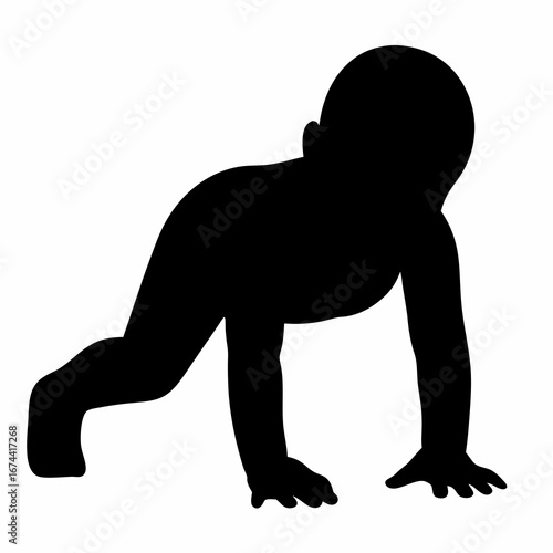Infant development milestones shown through black silhouette of baby crawling forward