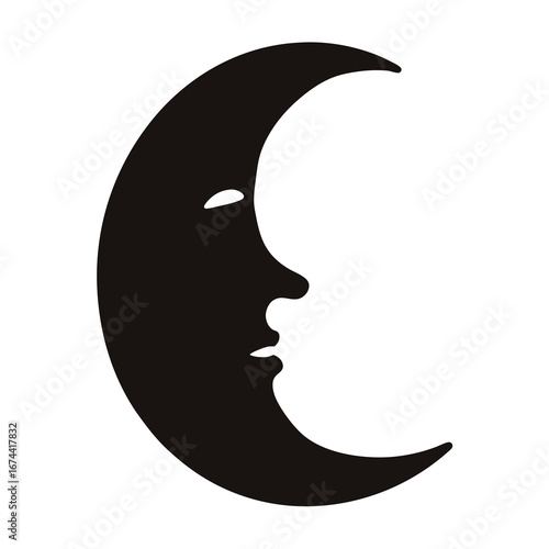 Stylized Moon with a Human Face Profile, Black Silhouette on White Background