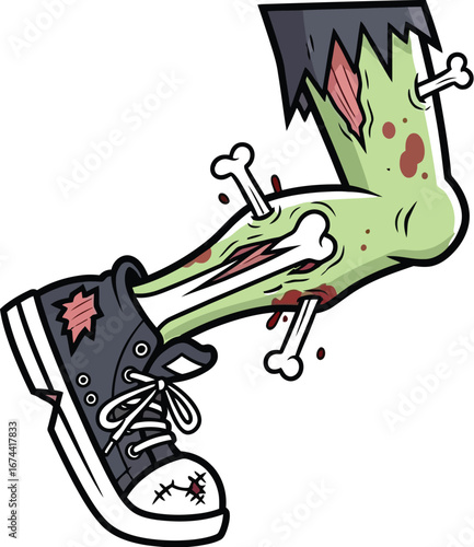 Cartoon zombie leg with bones and blood wearing a sneaker for halloween design