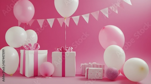 Pink and White Balloons Gifts Birthday Party Scene