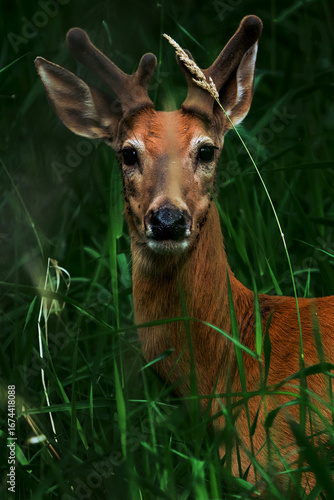 Young buck on high alert standing in deep green grass background
