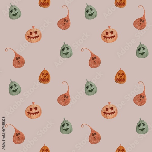 Hand-painted watercolor seamless pattern featuring spooky and funny jack-o’-lantern pumpkins with carved eyes and mouths. Halloween design for wrapping paper, textiles, digital paper, stationeries