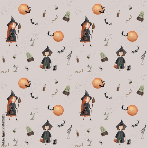Hand-painted watercolor seamless pattern featuring witches, bubbling cauldrons, magic potions and full moon on a beige background. Mystical and spooky Halloween design for wrapping paper,covers