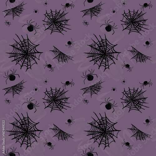 Hand-painted watercolor seamless pattern with black spiders and spiderwebs on a purple background. Cute and spooky Halloween design, perfect for wrapping paper, party decorations, fabric, stationery.
