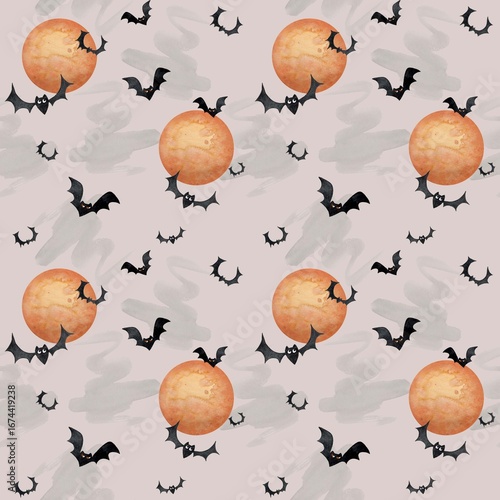 Hand-painted watercolor seamless pattern featuring black bats and glowing full moon on a beige textured background. Spooky and magical Halloween design, perfect for wrapping paper, fabric, party