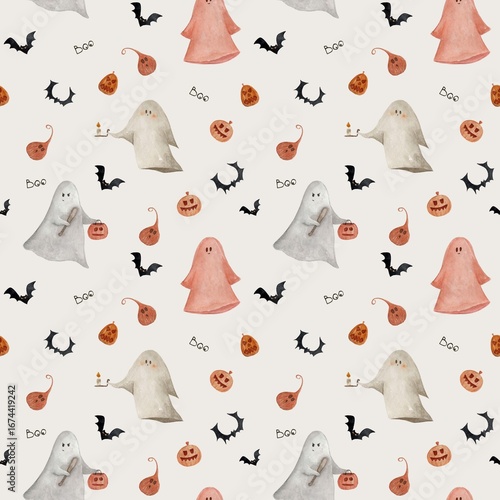 Hand-painted watercolor seamless pattern featuring cute ghosts, spooky jack-o’-lantern pumpkins and flying bats. Fun and festive Halloween design, perfect for wrapping paper, fabric, stationery.