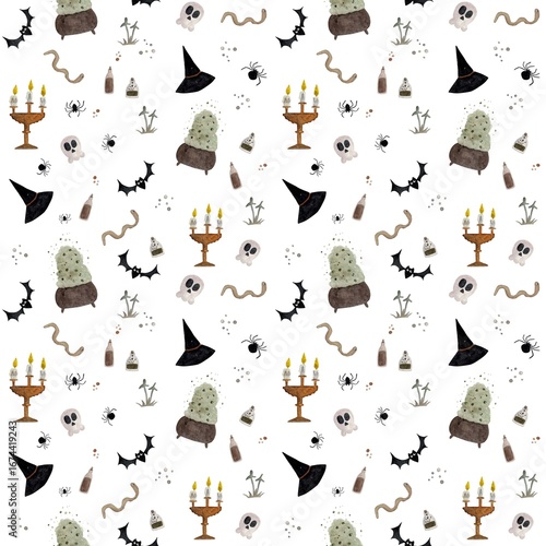 Hand-painted watercolor seamless pattern featuring witchcraft elements: magic hat, potion bottles, worms, bats and mystical objects. Halloween design, perfect for wrapping paper,stationary