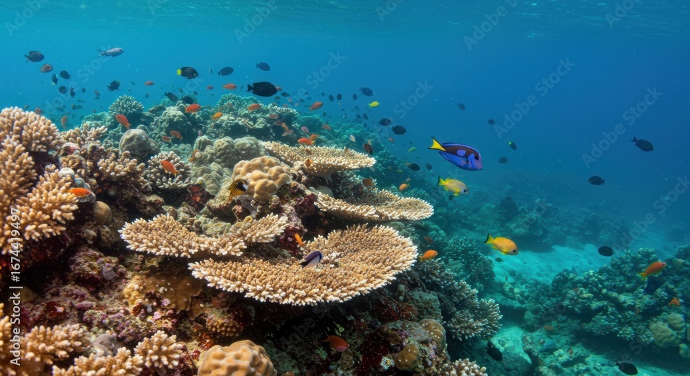 Naklejka premium Vibrant coral reef ecosystem teeming with diverse marine life