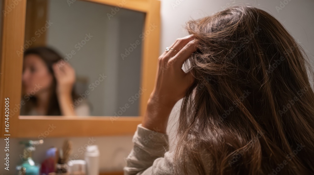 Fototapeta premium Woman checking her hair in bathroom mirror