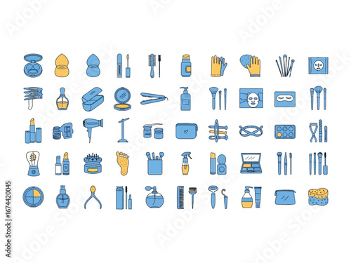 Cosmetics Icon Set: A comprehensive collection of beauty and cosmetics icons, beautifully arranged in a clean and organized grid, capturing the essence of modern beauty products and tools.