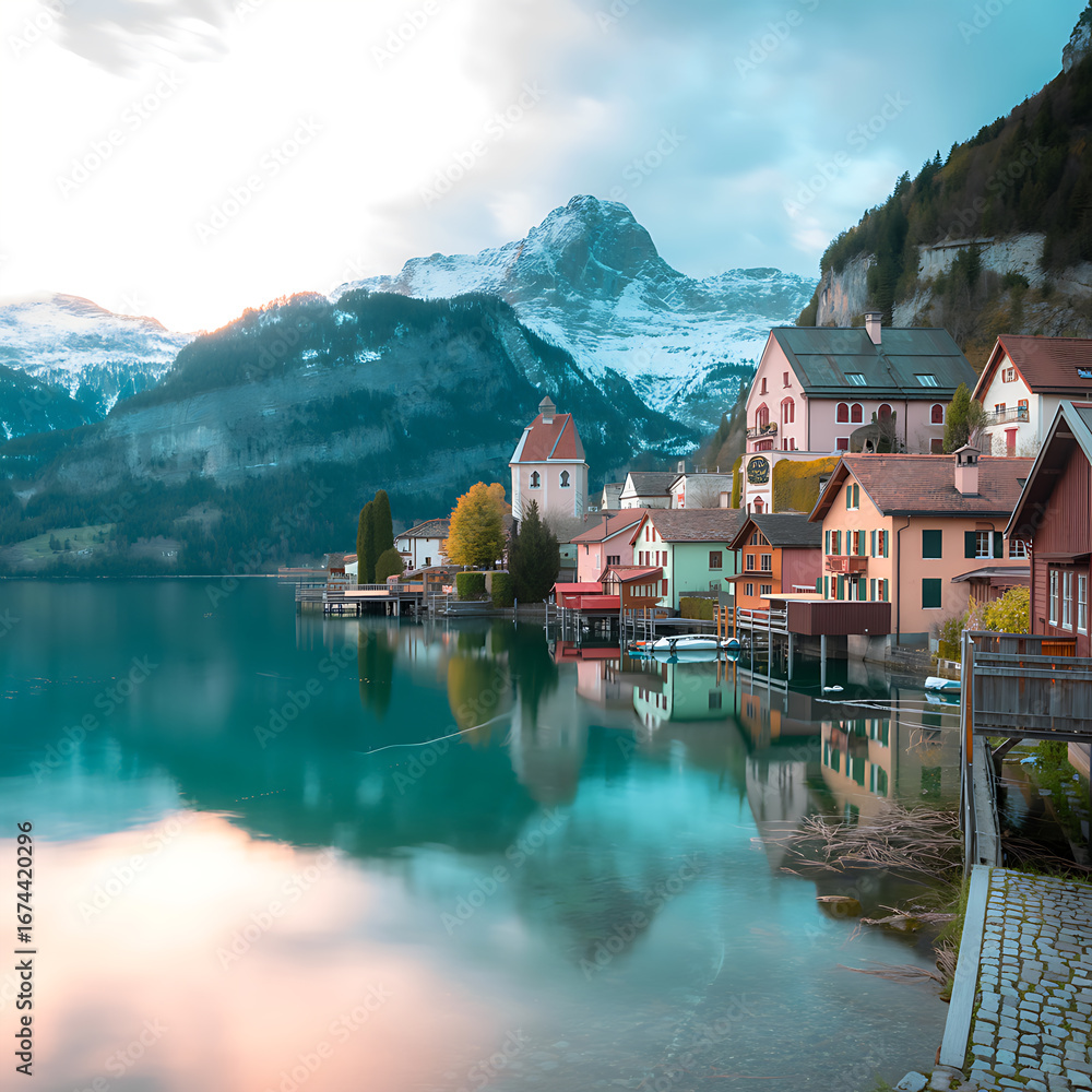 Naklejka premium Idyllic Swiss Village Reflecting in Calm Lake Waters Surrounded by Mountains and Lush Greenery, Peaceful Serenity in Rural Splendor, Captivating Scenery of Quintessential Switzerland