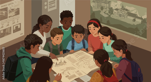 Illustration of a teacher guiding a diverse group of school children during a history lesson in a museum. The kids are gathered around an old map, exploring historical documents and cultural heritage.
