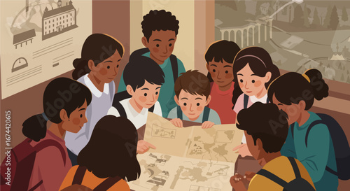 Illustration of a teacher guiding a diverse group of school children during a history lesson in a museum. The kids are gathered around an old map, exploring historical documents and cultural heritage.