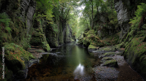 A breathtaking view of Black Rock Gorge in Evanton, Scotland, showcasing dramatic cliffs, mossy walls, and a mysterious, shadowed depth.