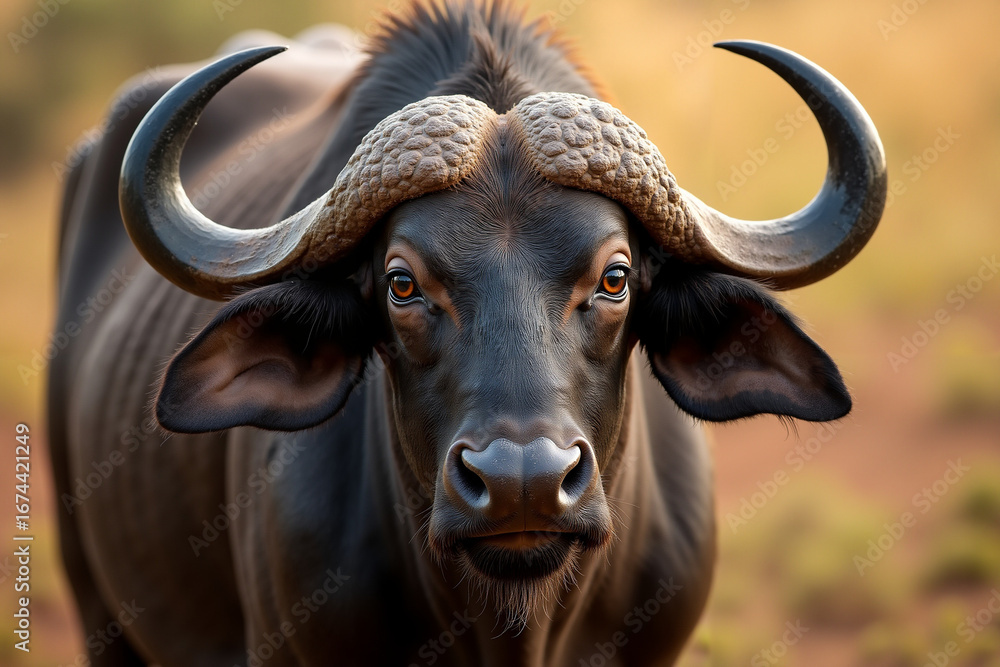 Fototapeta premium African buffalo close-up with prominent horns in natural habitat 