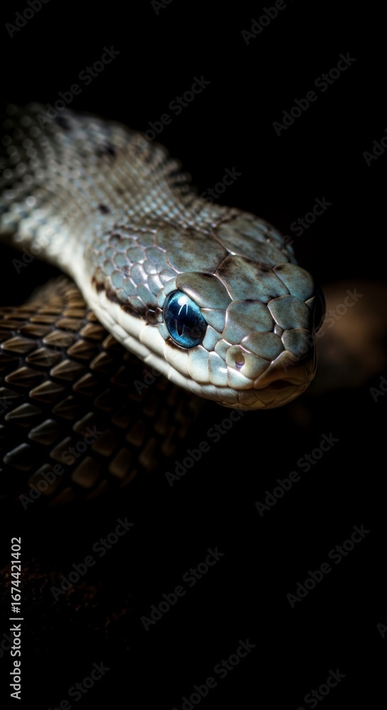 Fototapeta premium Close-up of a snake's head, featuring intricate scales and bright blue eyes, set against a dark background.