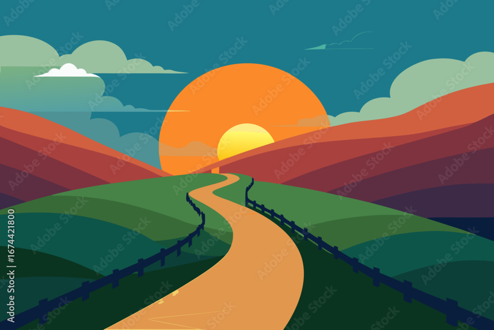 Obraz premium Winding road through rolling hills at sunset