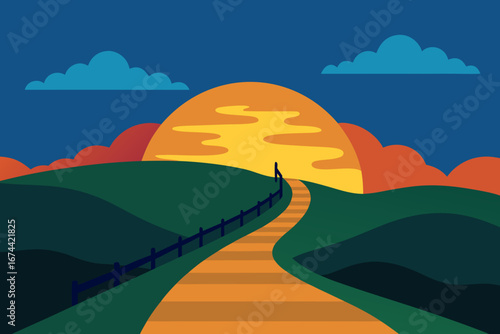 Lone figure on a winding path towards a vibrant sunset
