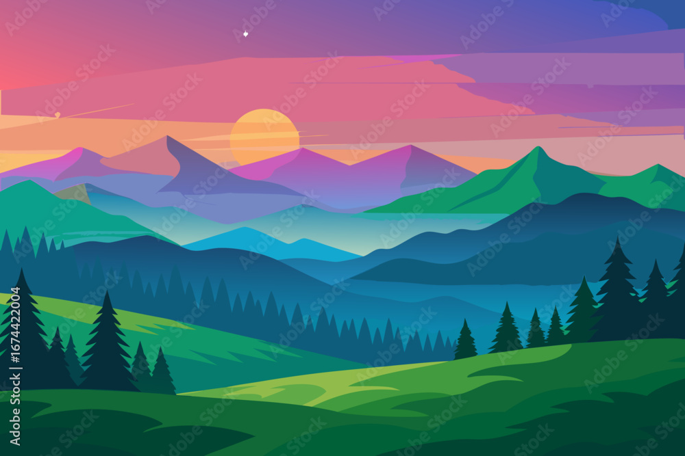 Fototapeta premium Vibrant sunset over layered mountains and pine forest