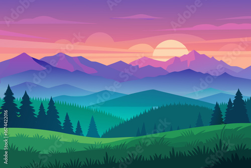 Vibrant mountain landscape at sunset with rolling hills and pine trees
