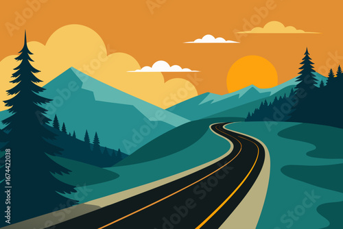 Scenic mountain road at sunset with pine trees and clouds