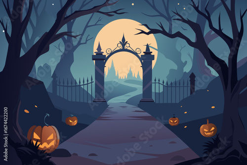 Spooky halloween night entrance with jack o lanterns and full moon
