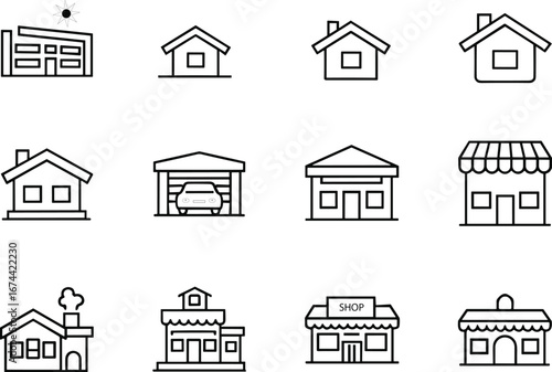 Building icons, house line drawings, urban architecture symbols, residential homes, storefront graphics, public buildings, garage, school, shop, café