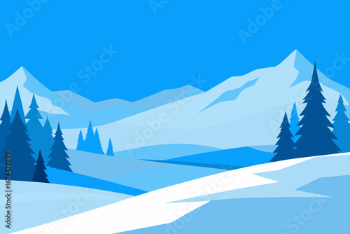 Flat design winter mountain landscape with snow and pine trees