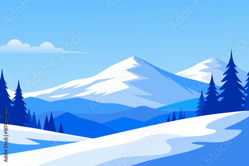 Stylized winter mountain landscape with snow and pine trees