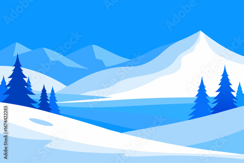 Stylized winter landscape with snow covered mountains and pine trees