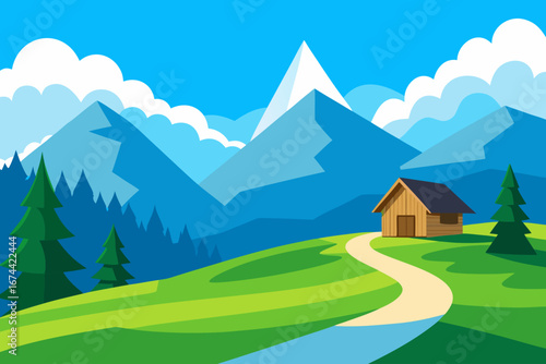 Cozy cabin in a mountainous landscape with a winding path