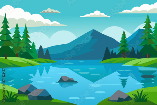 Serene mountain lake with evergreen trees and reflective waters