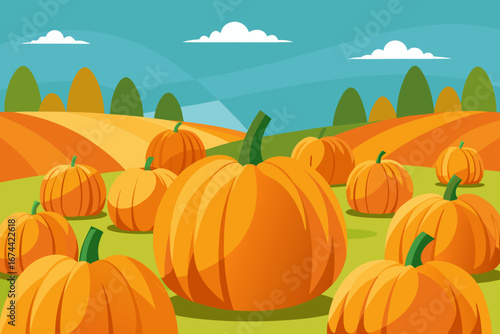 Vibrant autumn pumpkin patch under a blue sky