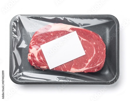 Raw ribeye beef steak in a black plastic tray with cling film and a blank label, top view mockup