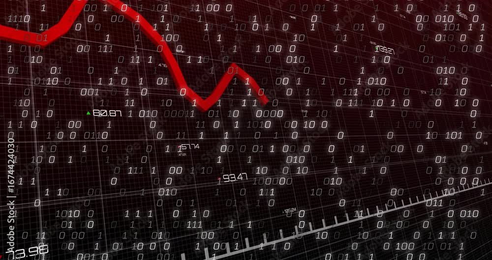 On start red line graph trending downward across 3D grid as binary ...