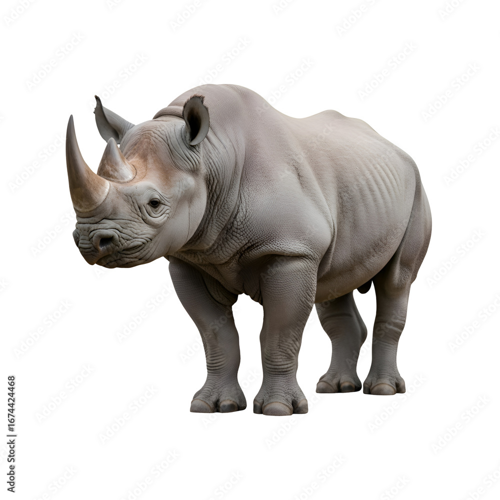 Obraz premium Rhino Stands on Transparent Background, Wildlife Image with Alpha Channel for Easy Use