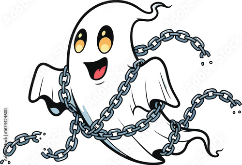 Cartoon ghost with broken chains floats happily on a white background design.
