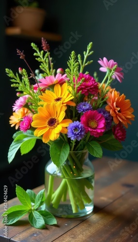 Wallpaper Mural A vibrant and colorful medley of fresh edible flowers and herbs in a glass vase or floral container on a rustic wooden table or cafe counter flower arrangement herbs centerpiece Torontodigital.ca