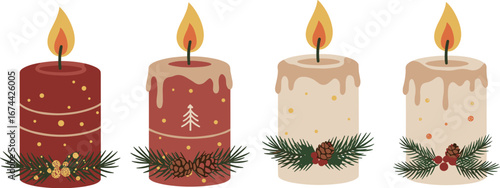 Four decorative candles with flames, pine branches, and pine cones on transparent background