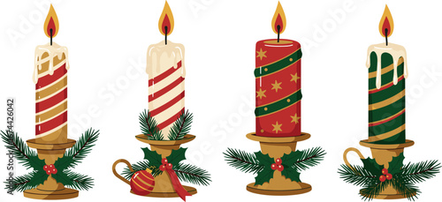 Four decorated christmas candles in gold holders on transparent background