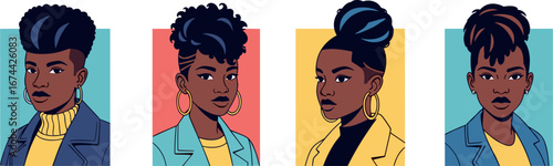 Four illustrations of a woman with different hairstyles on transparent background