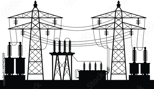 High voltage power lines and steel transmission towers stand against the blue sky at sunset